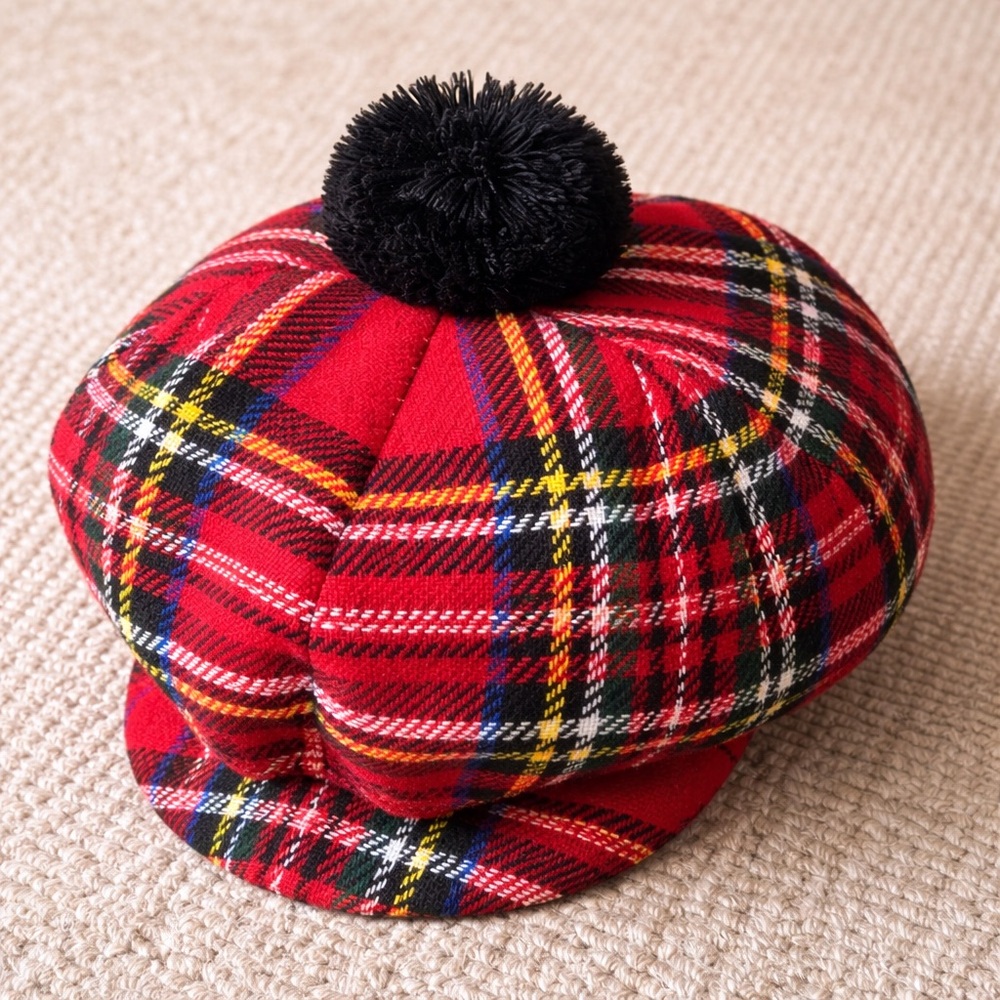 Fox Hunter Red Plaid Hunting Cap with Black Pom-Pom